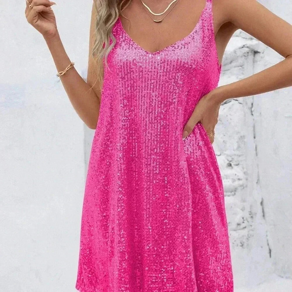 Hot Pink Sexy Women's Sleeveless Sequin V-Neck Mini Dress - Picture 3 of 4